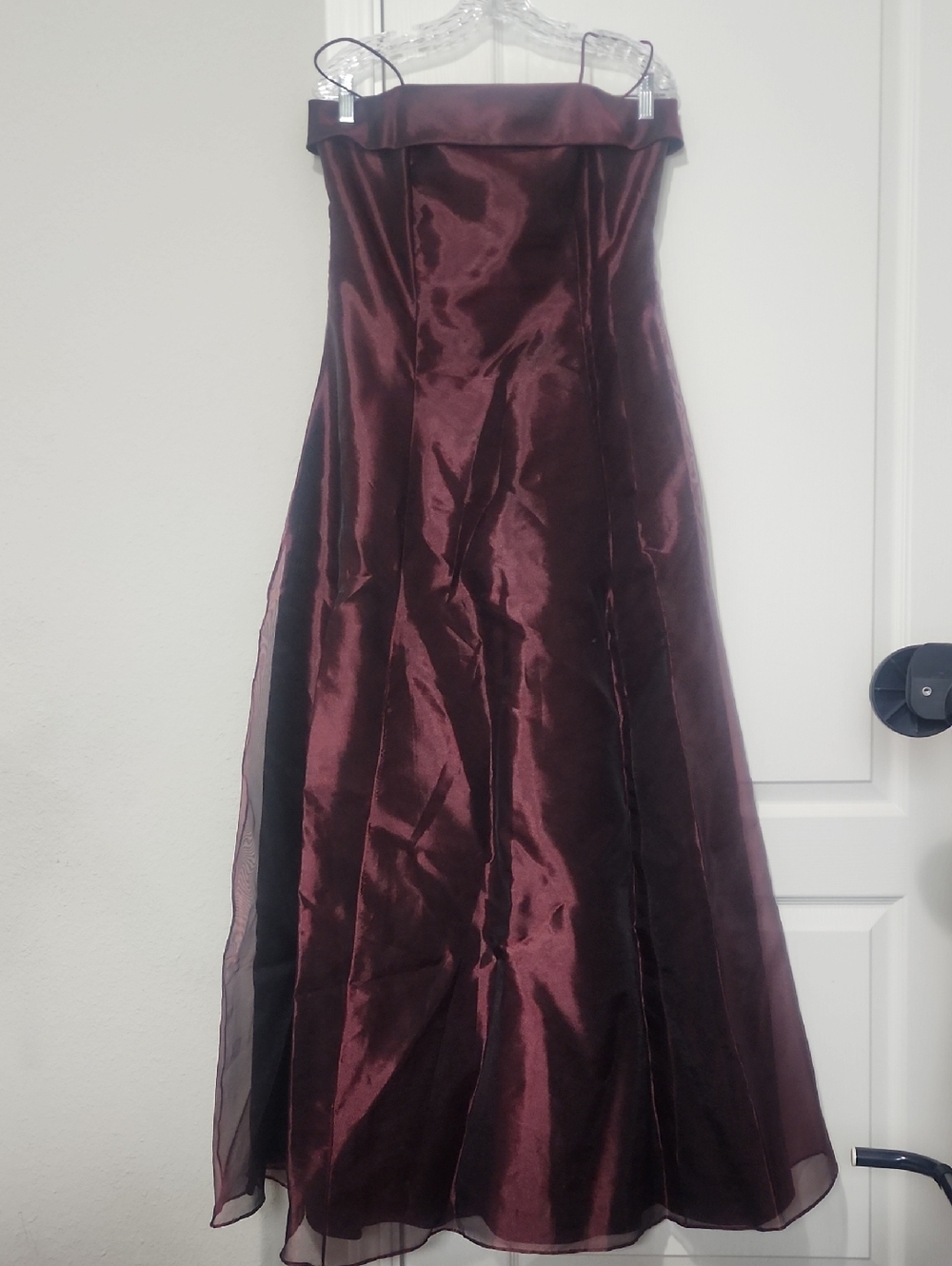 Night Way Collections Satin with Shaffon Overlay Gown in Deep Burgundy